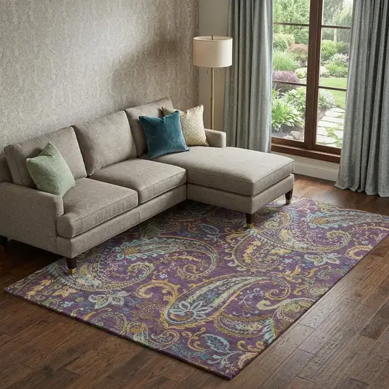 Purple Green And Blue Paisley Washable Area Rug With UV Protection Photo 1