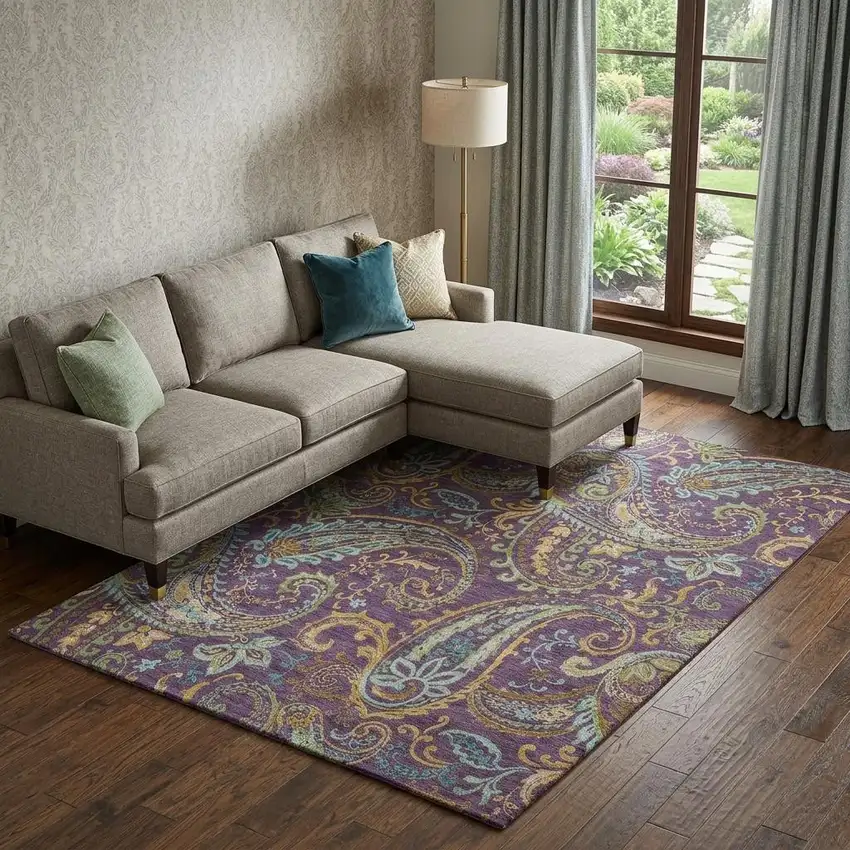 Purple Green And Blue Paisley Washable Area Rug With UV Protection Photo 1