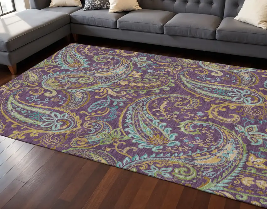 Purple Green And Blue Paisley Washable Area Rug With UV Protection Photo 2