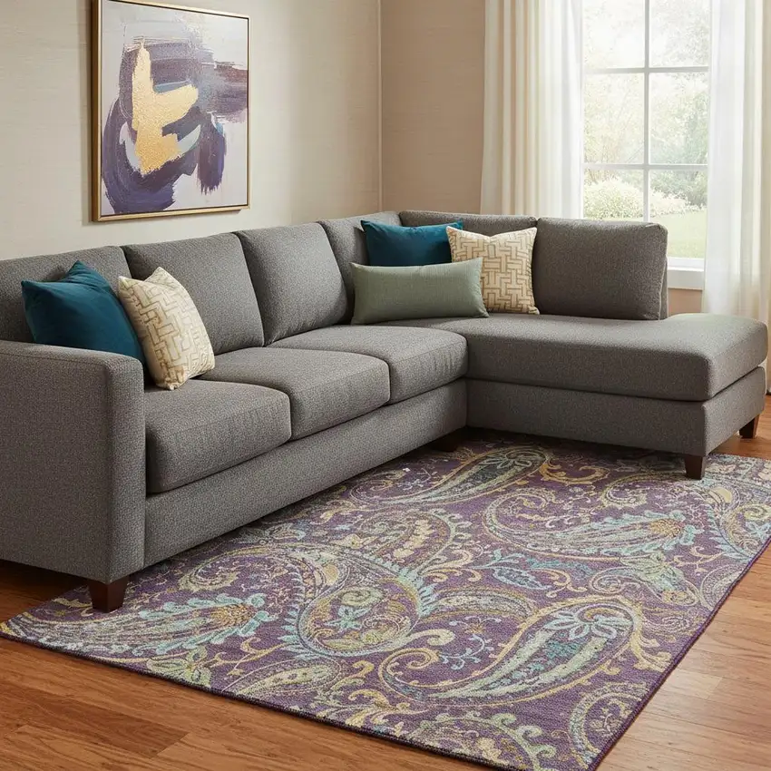 Purple Green And Blue Paisley Washable Area Rug With UV Protection Photo 1