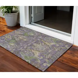 Photo of Purple Green And Brown Floral Washable Indoor Outdoor Area Rug