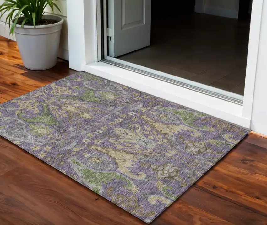 Purple Green And Brown Floral Washable Indoor Outdoor Area Rug Photo 1