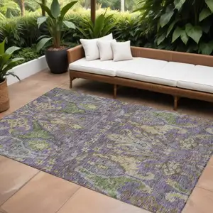 Photo of Purple Green And Brown Floral Washable Indoor Outdoor Area Rug