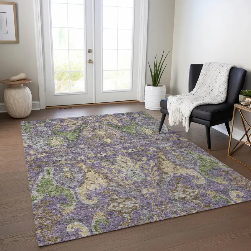 Purple Green And Brown Floral Washable Indoor Outdoor Area Rug Photo 9
