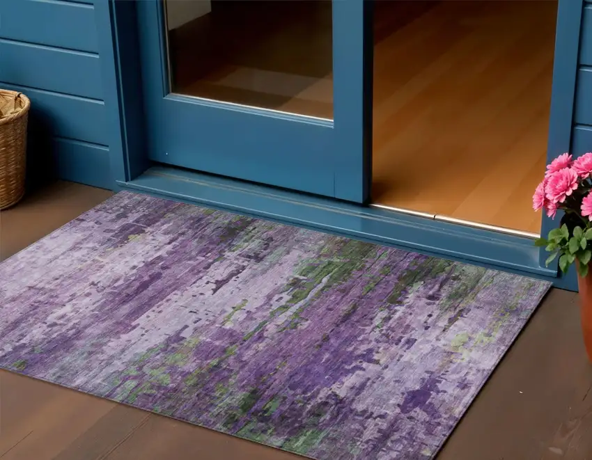 Purple Green And Charcoal Abstract Washable Indoor Outdoor Area Rug Photo 2