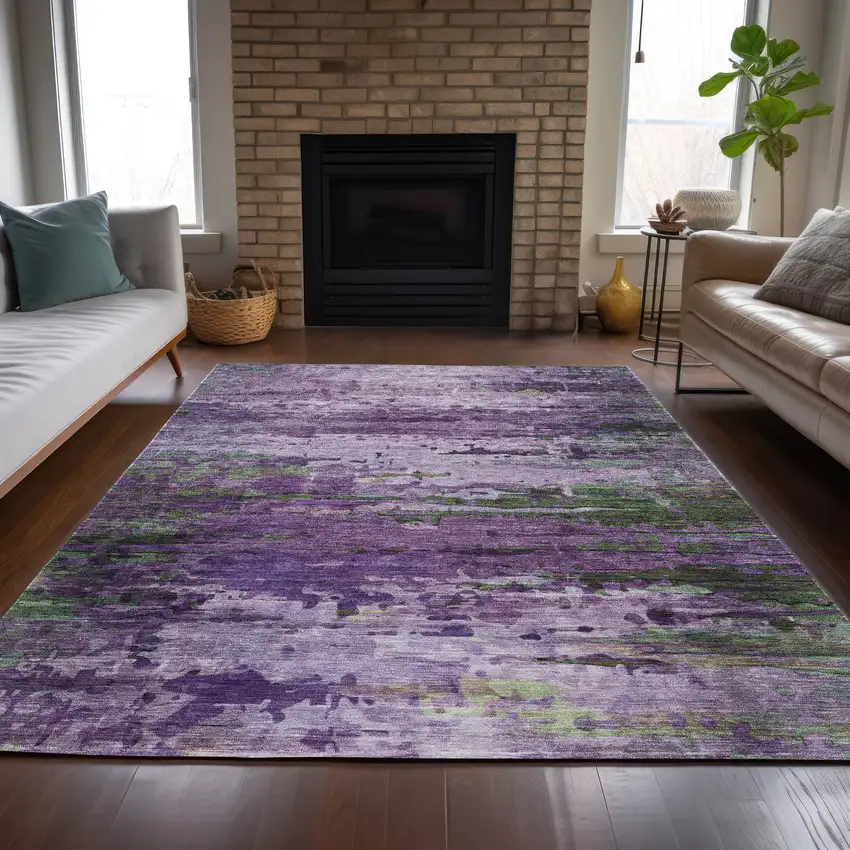 Purple Green And Charcoal Abstract Washable Indoor Outdoor Area Rug Photo 7