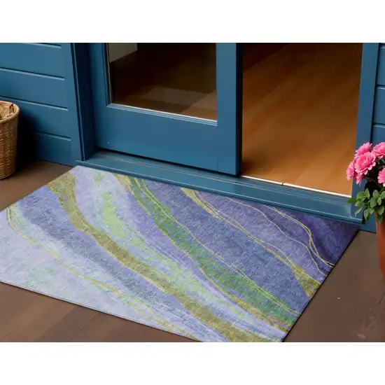 Purple Green And Gold Abstract Washable Indoor Outdoor Area Rug Photo 2
