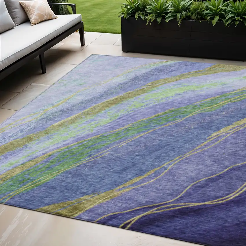 Purple Green And Gold Abstract Washable Indoor Outdoor Area Rug Photo 2