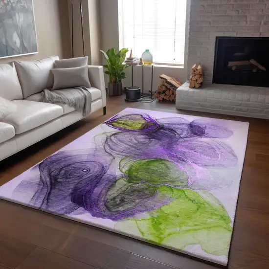 Purple Green And Ivory Abstract Washable Area Rug With UV Protection Photo 6