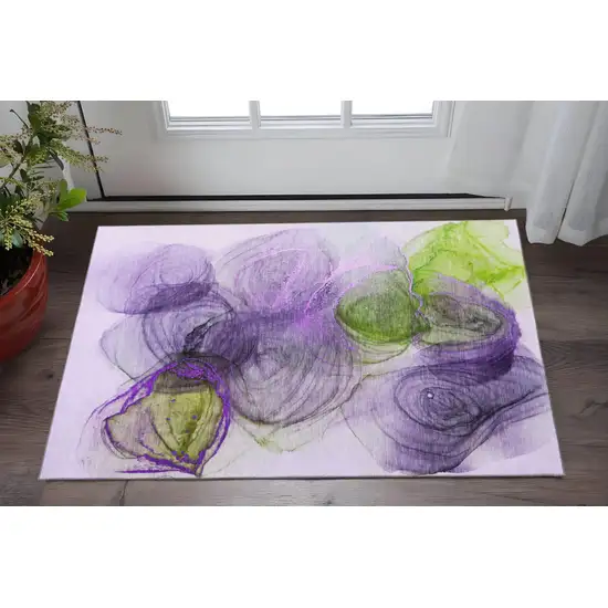 Purple Green And Ivory Abstract Washable Area Rug With UV Protection Photo 2