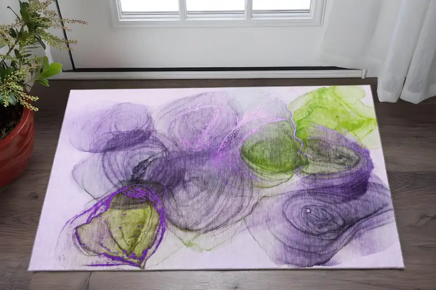 Purple Green And Ivory Abstract Washable Area Rug With UV Protection Photo 2