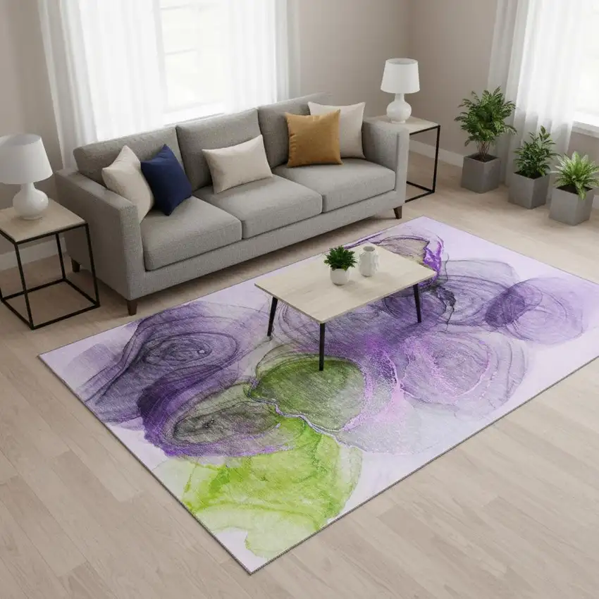Purple Green And Ivory Abstract Washable Area Rug With UV Protection Photo 2