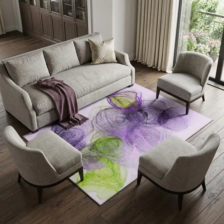 Purple Green And Ivory Abstract Washable Area Rug With UV Protection Photo 1