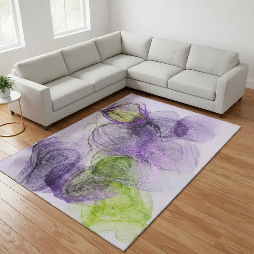 Purple Green And Ivory Abstract Washable Area Rug With UV Protection Photo 1