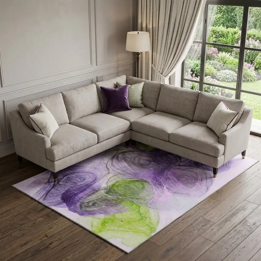Purple Green And Ivory Abstract Washable Area Rug With UV Protection Photo 1