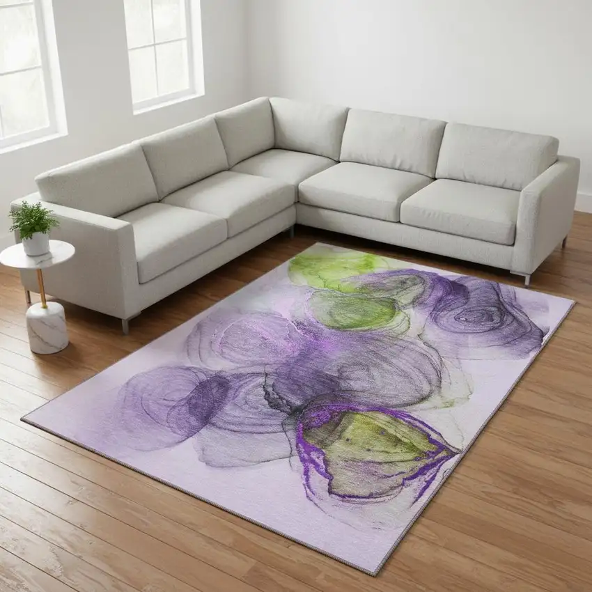 Purple Green And Ivory Abstract Washable Area Rug With UV Protection Photo 1