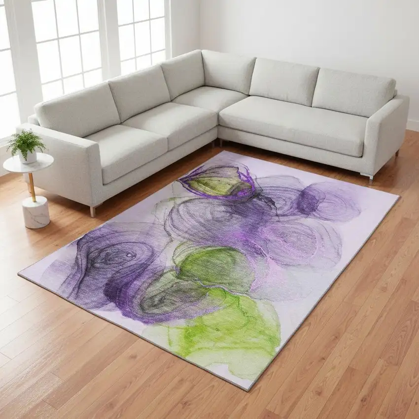 Purple Green And Ivory Abstract Washable Area Rug With UV Protection Photo 1