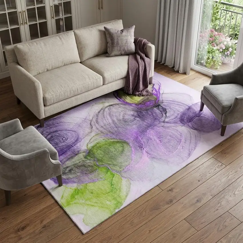 Purple Green And Ivory Abstract Washable Area Rug With UV Protection Photo 1