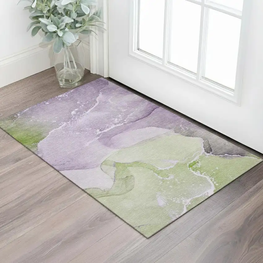 Purple Green And Ivory Abstract Washable Area Rug With UV Protection Photo 1