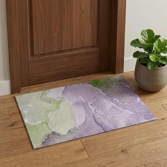 Purple Green And Ivory Abstract Washable Area Rug With UV Protection Photo 1
