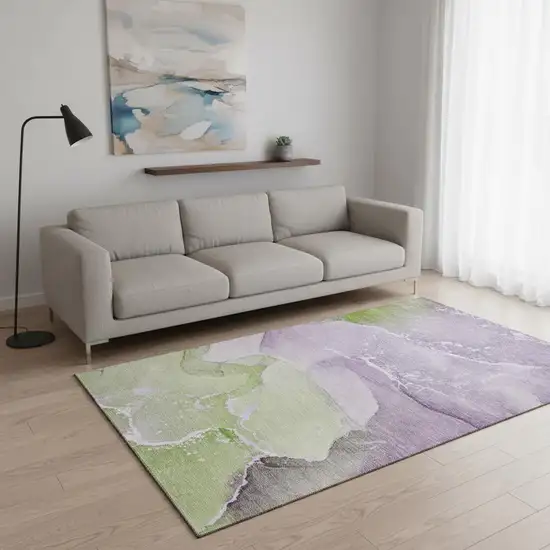 Purple Green And Ivory Abstract Washable Area Rug With UV Protection Photo 1