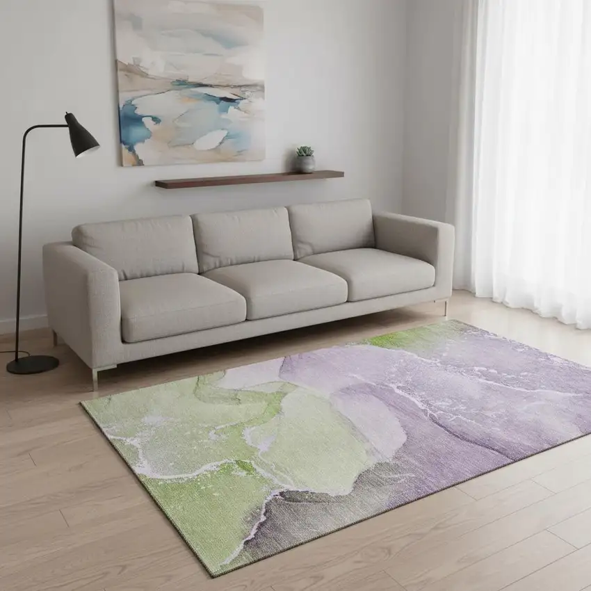 Purple Green And Ivory Abstract Washable Area Rug With UV Protection Photo 1