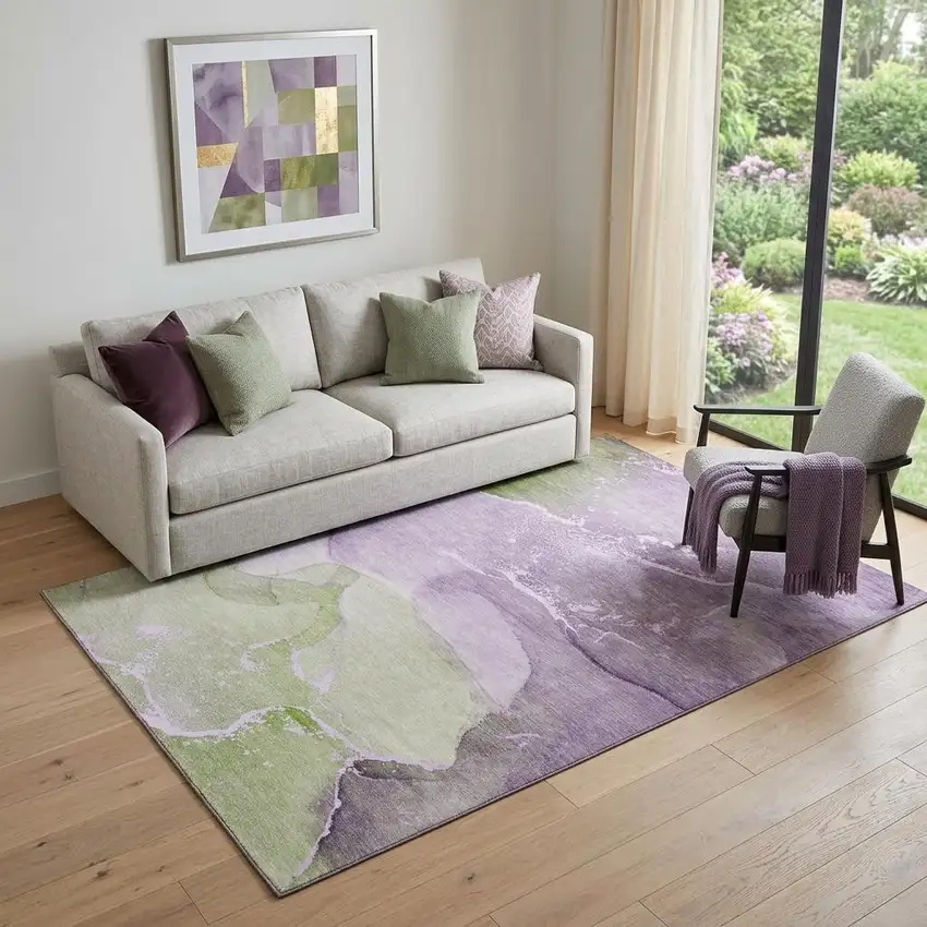 Purple Green And Ivory Abstract Washable Area Rug With UV Protection Photo 1