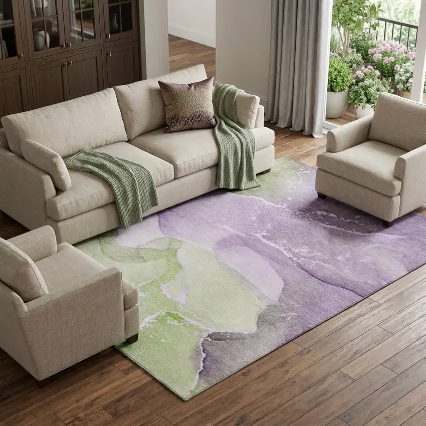 Purple Green And Ivory Abstract Washable Area Rug With UV Protection Photo 1
