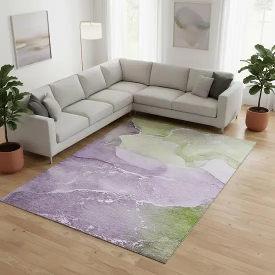 Purple Green And Ivory Abstract Washable Area Rug With UV Protection Photo 1