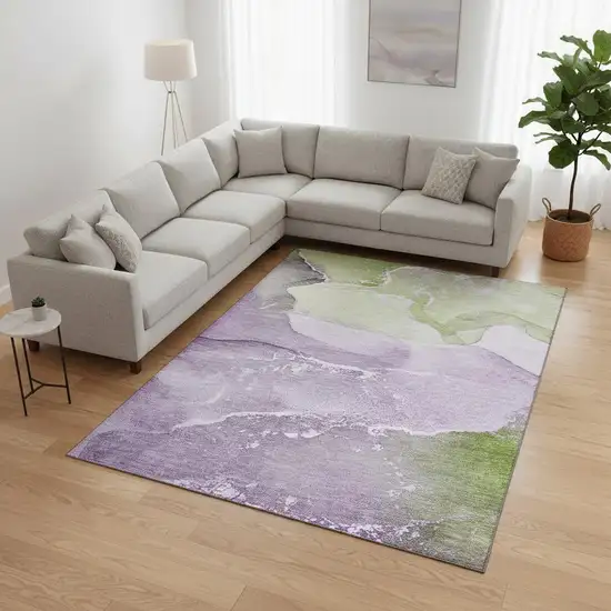 Purple Green And Ivory Abstract Washable Area Rug With UV Protection Photo 1
