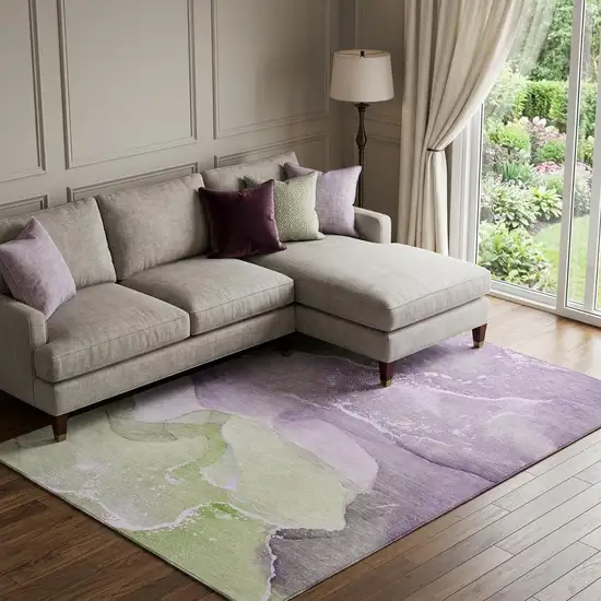 Purple Green And Ivory Abstract Washable Area Rug With UV Protection Photo 1