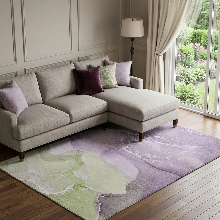 Purple Green And Ivory Abstract Washable Area Rug With UV Protection Photo 1