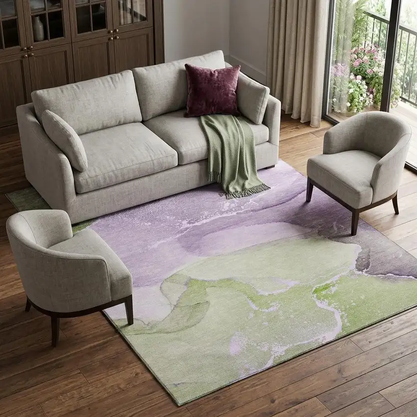 Purple Green And Ivory Abstract Washable Area Rug With UV Protection Photo 1
