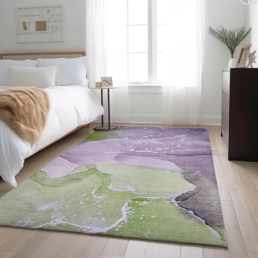 Purple Green And Ivory Abstract Washable Area Rug With UV Protection Photo 5