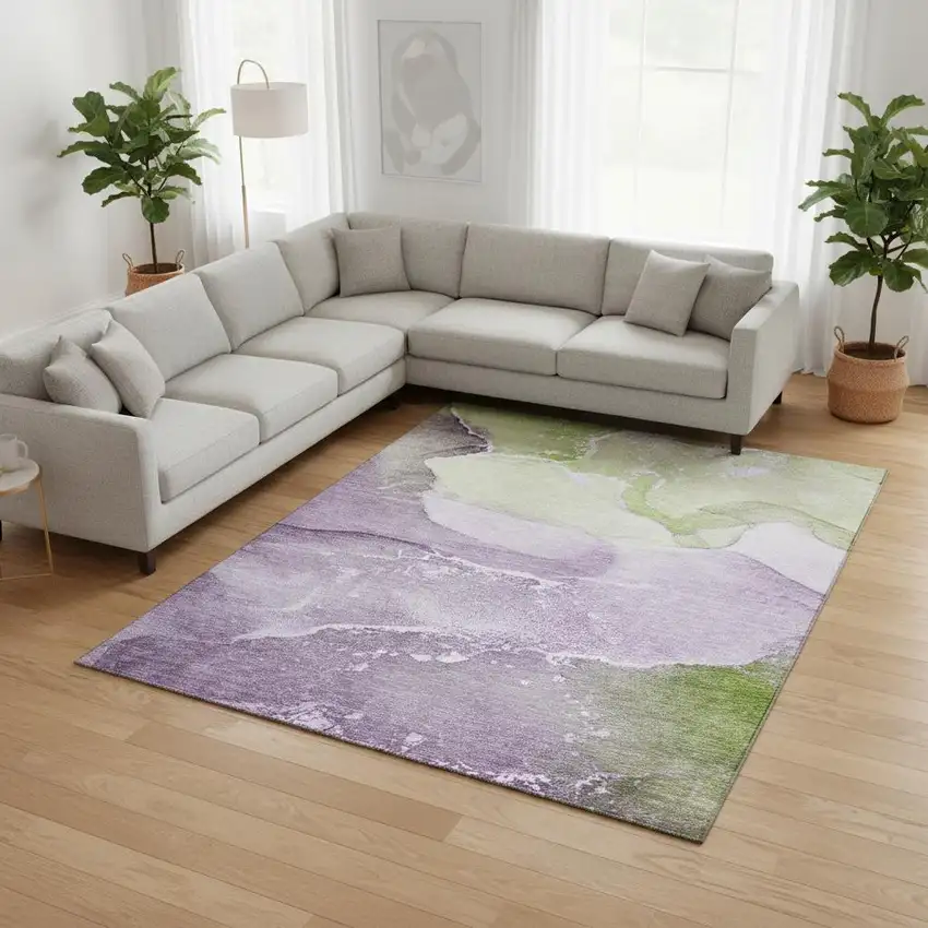 Purple Green And Ivory Abstract Washable Area Rug With UV Protection Photo 1