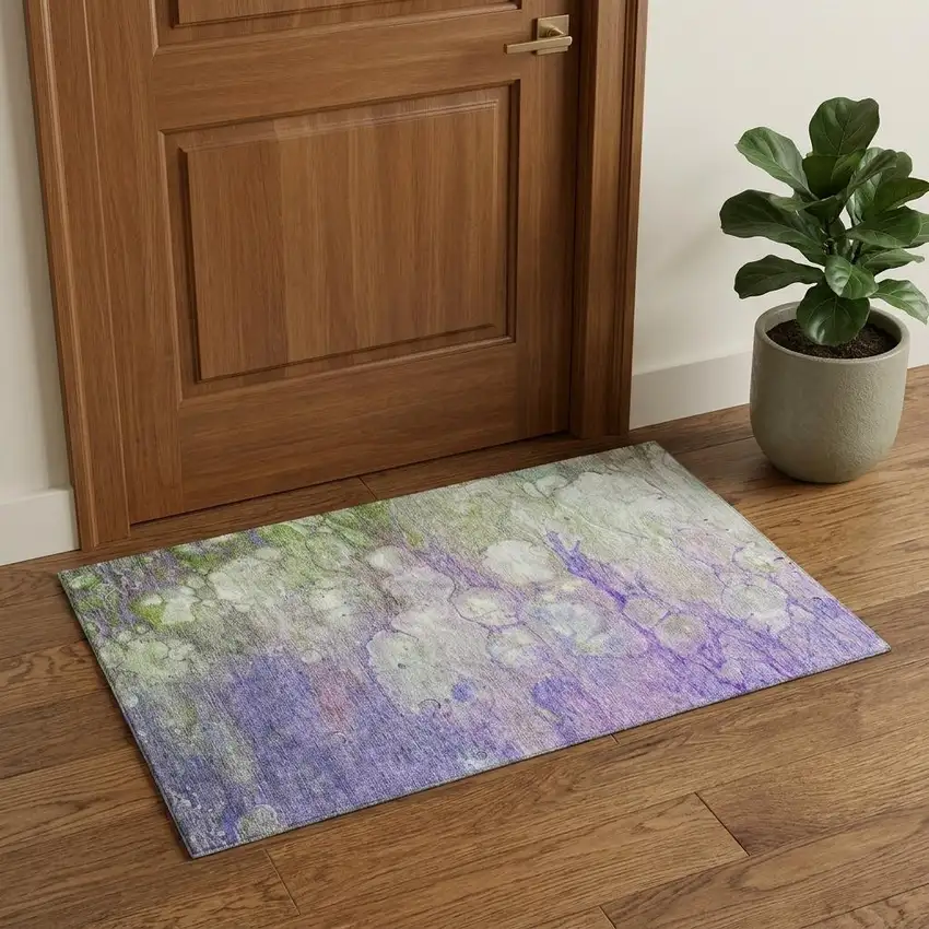 Purple Green And Ivory Abstract Washable Area Rug With UV Protection Photo 1