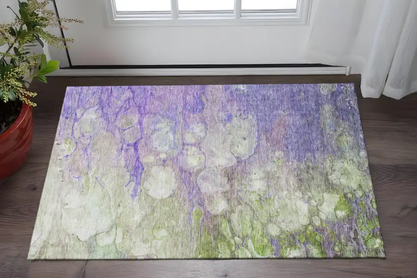 Purple Green And Ivory Abstract Washable Area Rug With UV Protection Photo 3