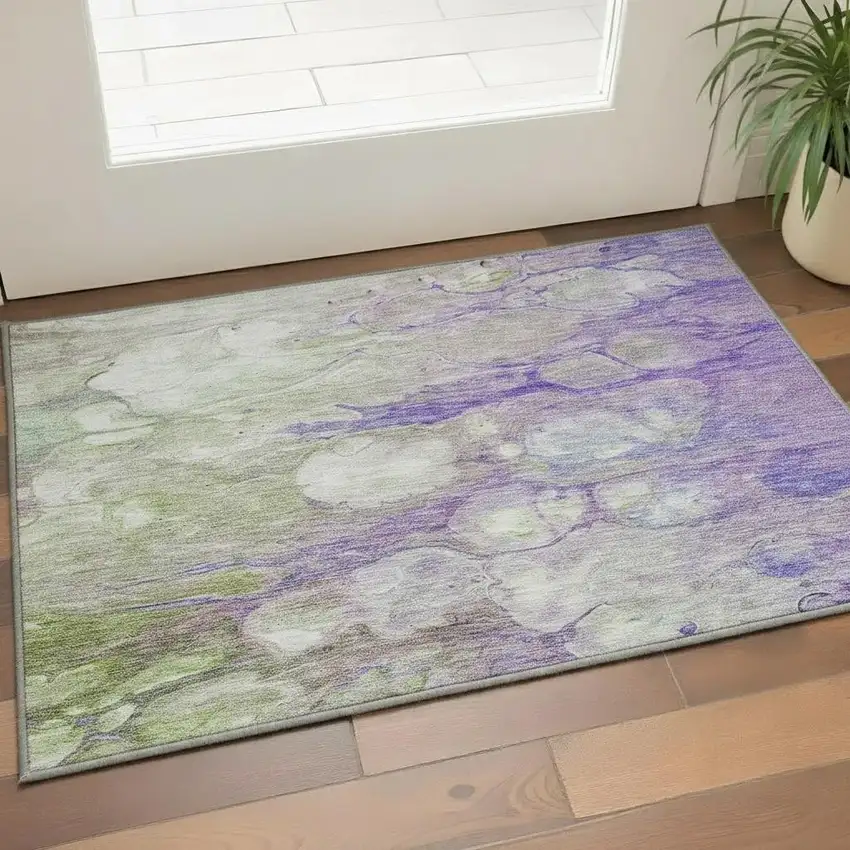 Purple Green And Ivory Abstract Washable Area Rug With UV Protection Photo 2