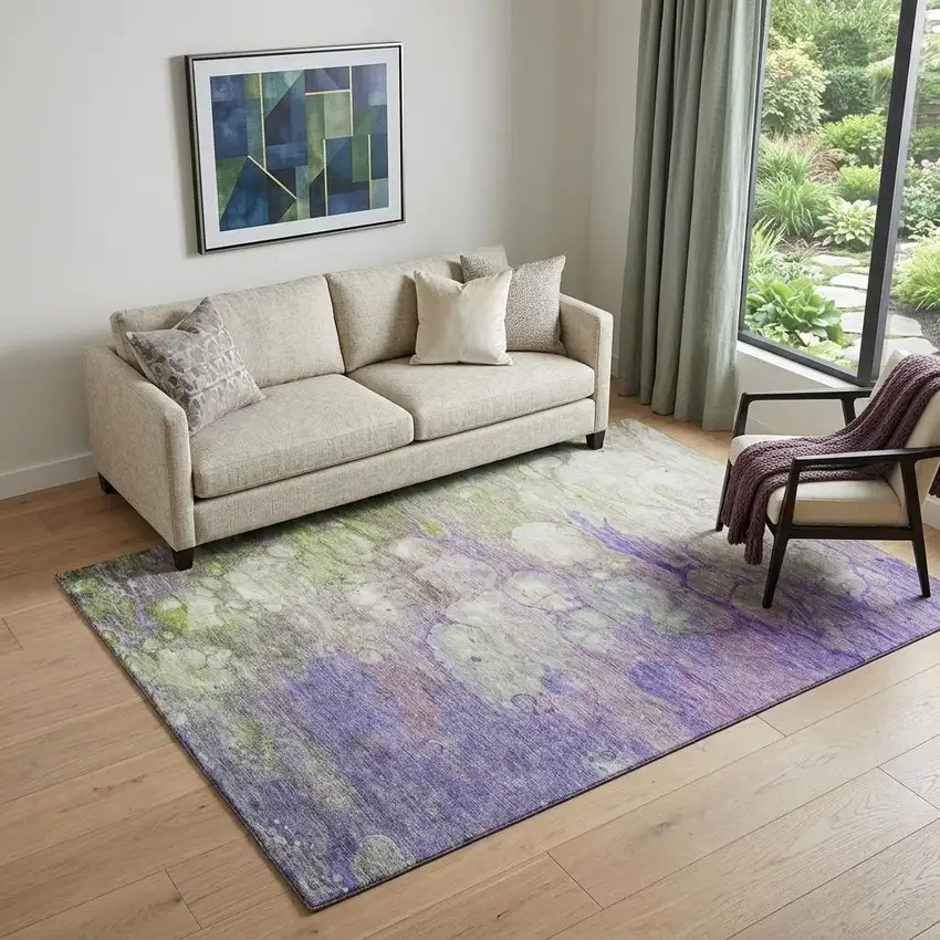 Purple Green And Ivory Abstract Washable Area Rug With UV Protection Photo 1
