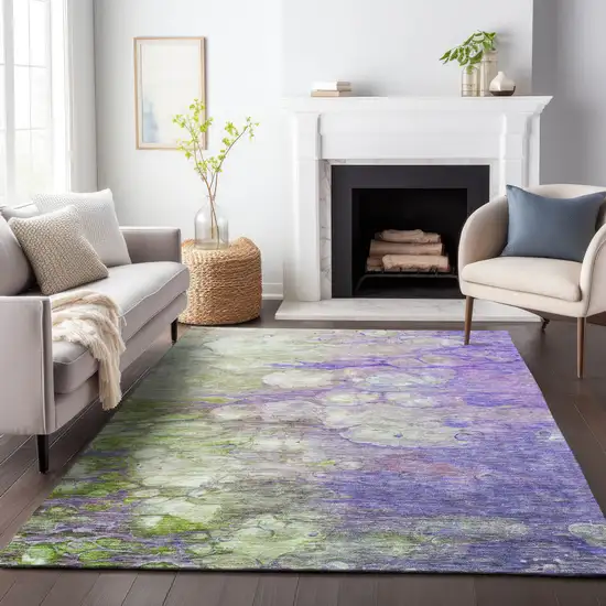 Purple Green And Ivory Abstract Washable Area Rug With UV Protection Photo 5