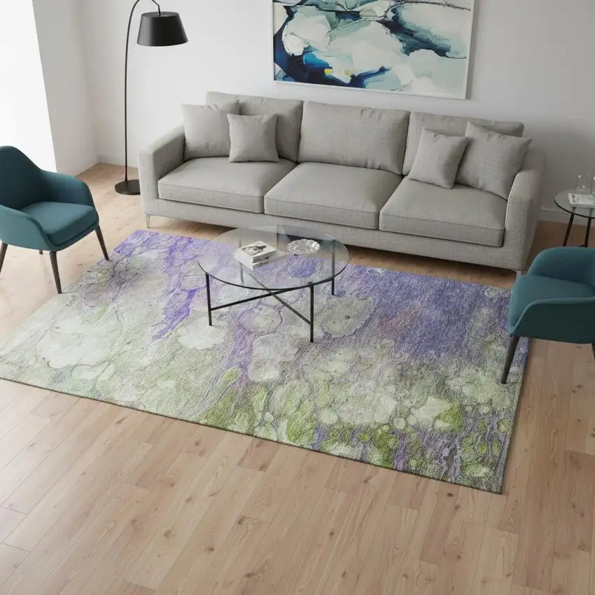Purple Green And Ivory Abstract Washable Area Rug With UV Protection Photo 1