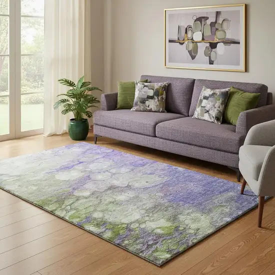 Purple Green And Ivory Abstract Washable Area Rug With UV Protection Photo 1