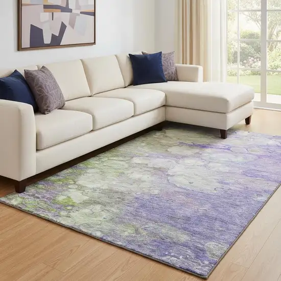 Purple Green And Ivory Abstract Washable Area Rug With UV Protection Photo 1
