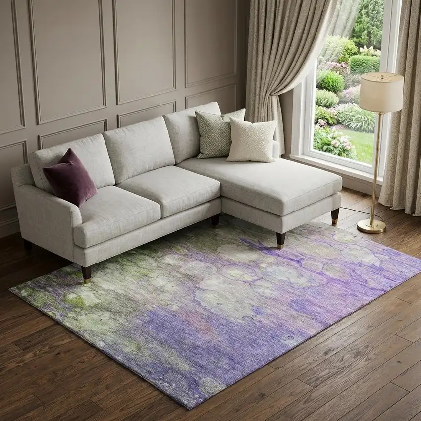 Purple Green And Ivory Abstract Washable Area Rug With UV Protection Photo 1