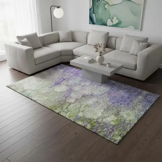 Purple Green And Ivory Abstract Washable Area Rug With UV Protection Photo 1