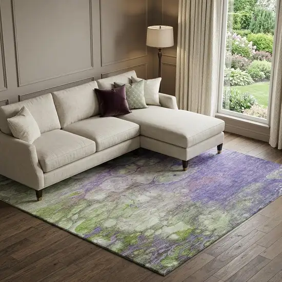 Purple Green And Ivory Abstract Washable Area Rug With UV Protection Photo 1
