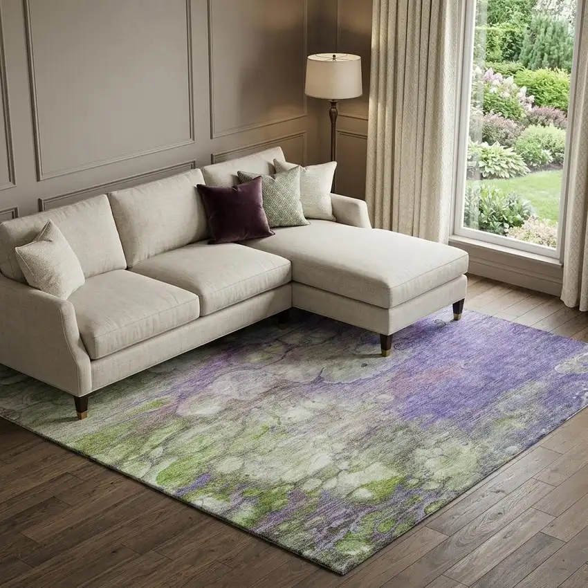 Purple Green And Ivory Abstract Washable Area Rug With UV Protection Photo 1