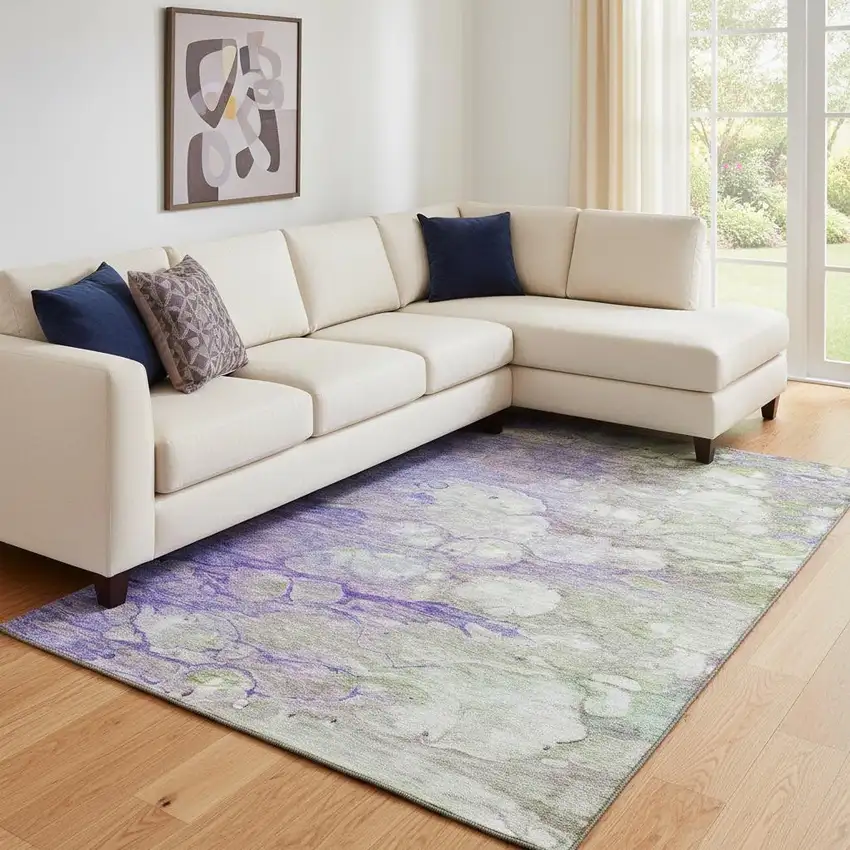 Purple Green And Ivory Abstract Washable Area Rug With UV Protection Photo 1