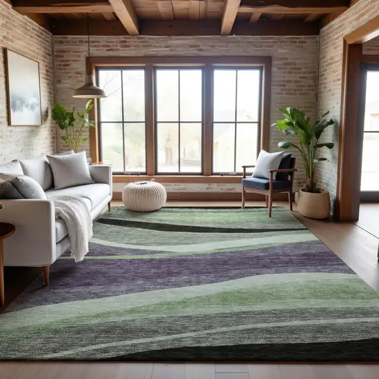Purple Green And Ivory Abstract Washable Area Rug With UV Protection Photo 3