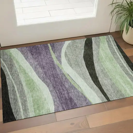 Purple Green And Ivory Abstract Washable Area Rug With UV Protection Photo 1